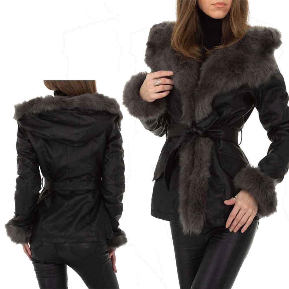 Eco-leather shawl coat with faux fur hood and teddy interior - Black