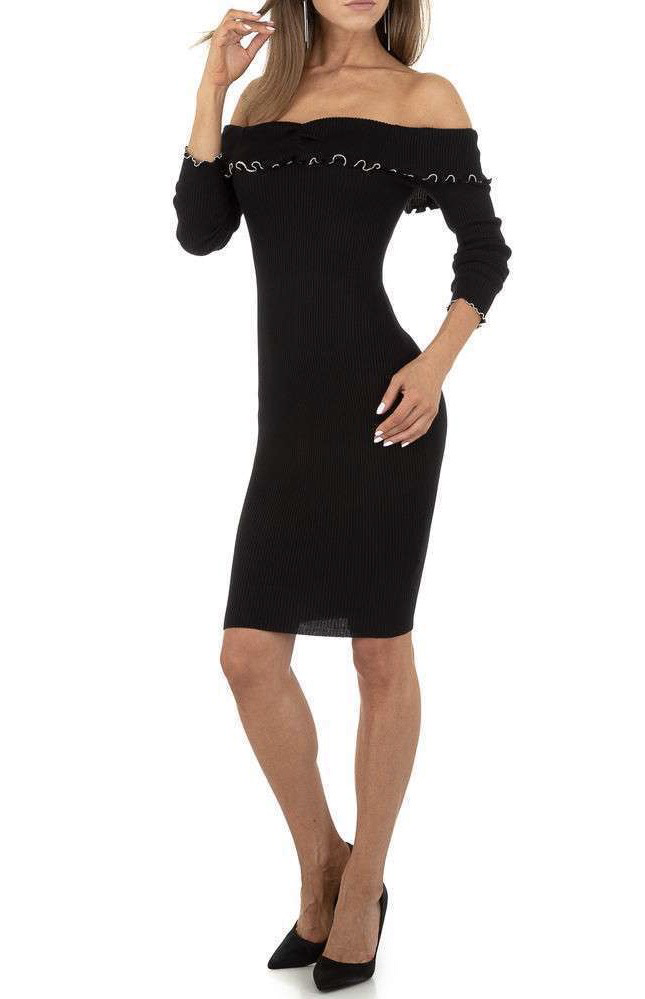 Boat Neck Knit Dress - Black