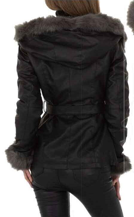 Eco-leather shawl coat with faux fur hood and teddy interior - Black