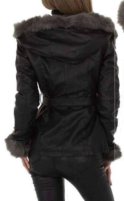 Eco-leather shawl coat with faux fur hood and teddy interior - Black