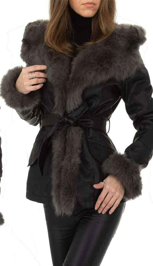 Eco-leather shawl coat with faux fur hood and teddy interior - Black