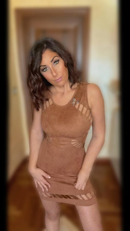 Cut-out Suede Dress - Coffee
