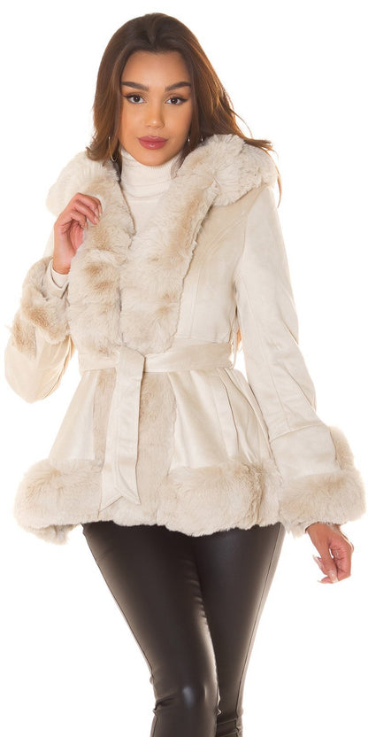 Suede Coat with Hood and Faux Fur - Cream