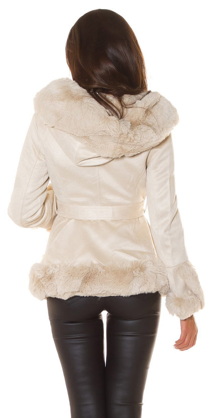 Suede Coat with Hood and Faux Fur - Cream