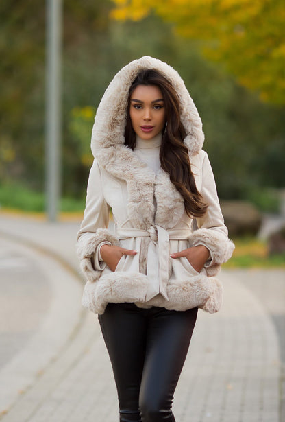 Suede Coat with Hood and Faux Fur - Cream