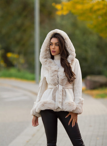 Suede Coat with Hood and Faux Fur - Cream