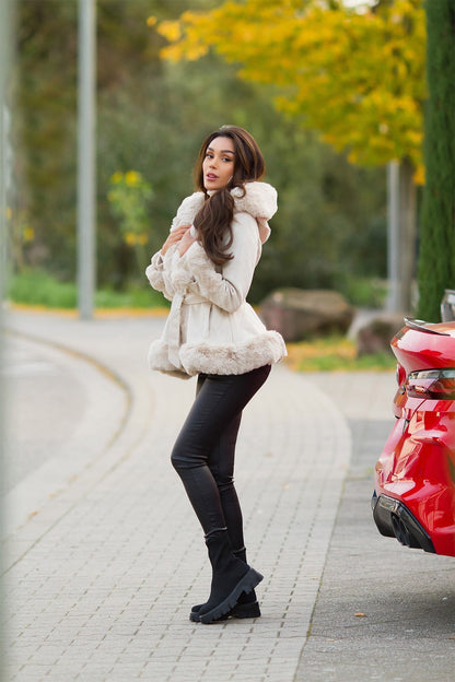 Suede Coat with Hood and Faux Fur - Cream