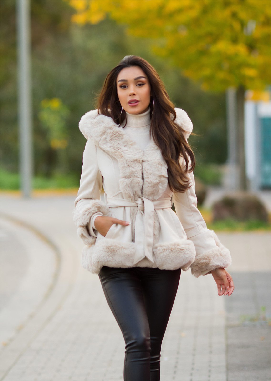 Suede Coat with Hood and Faux Fur - Cream