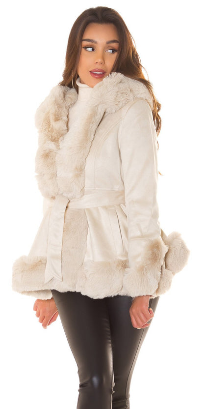 Suede Coat with Hood and Faux Fur - Cream