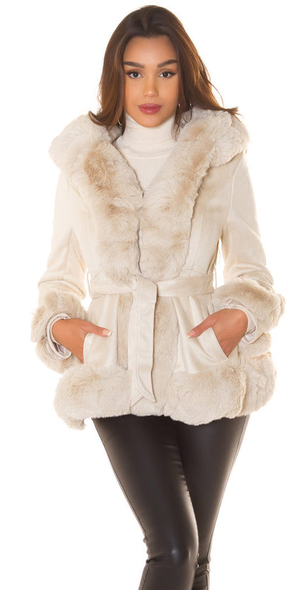 Suede Coat with Hood and Faux Fur - Cream