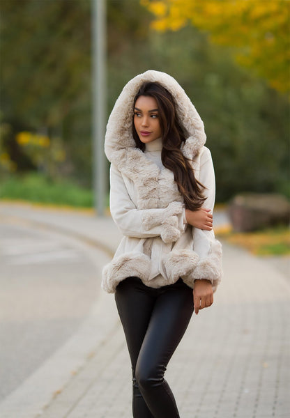 Suede Coat with Hood and Faux Fur - Cream