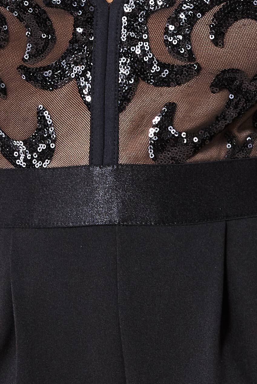 Jumpsuit Embroidery Sequins Full Bodysuit - Black