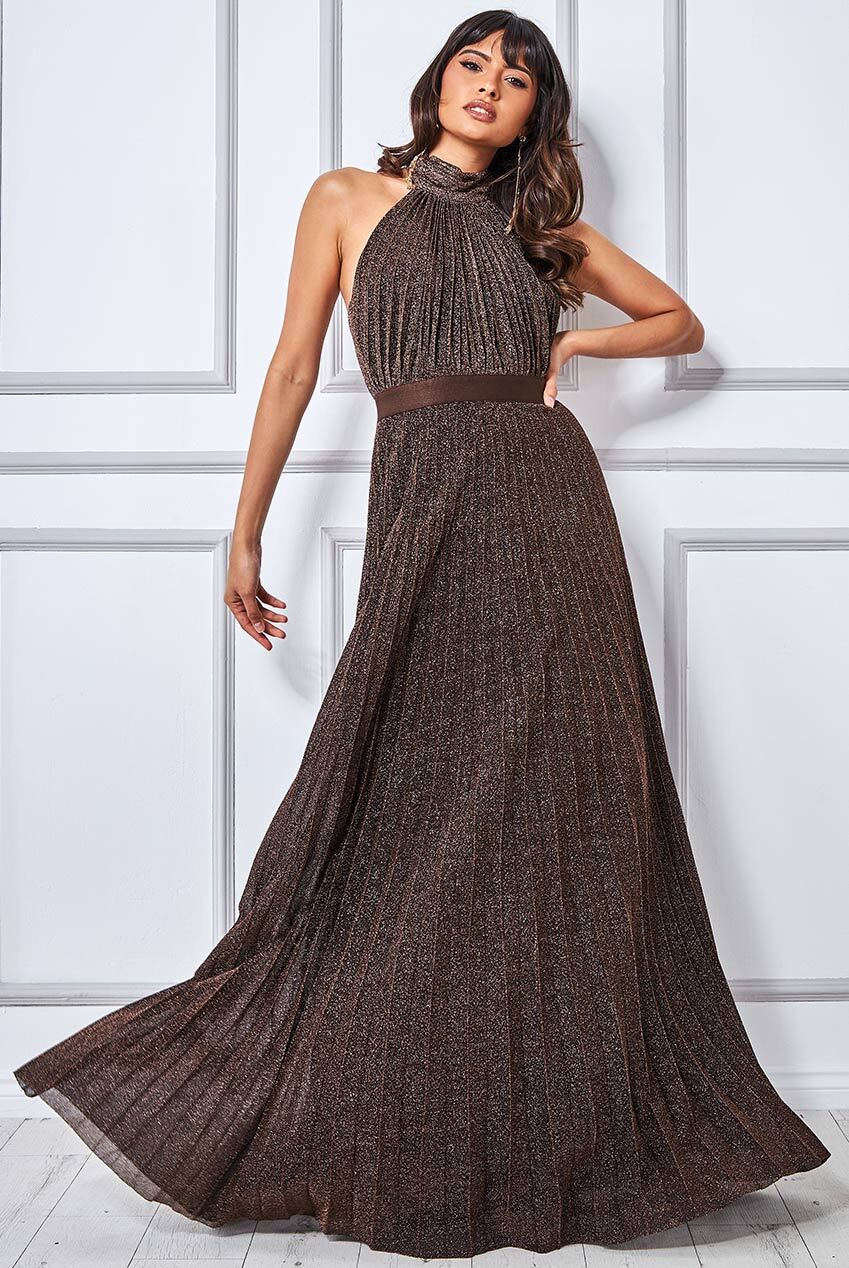 Long Pleated Lurex Dress - Bronze