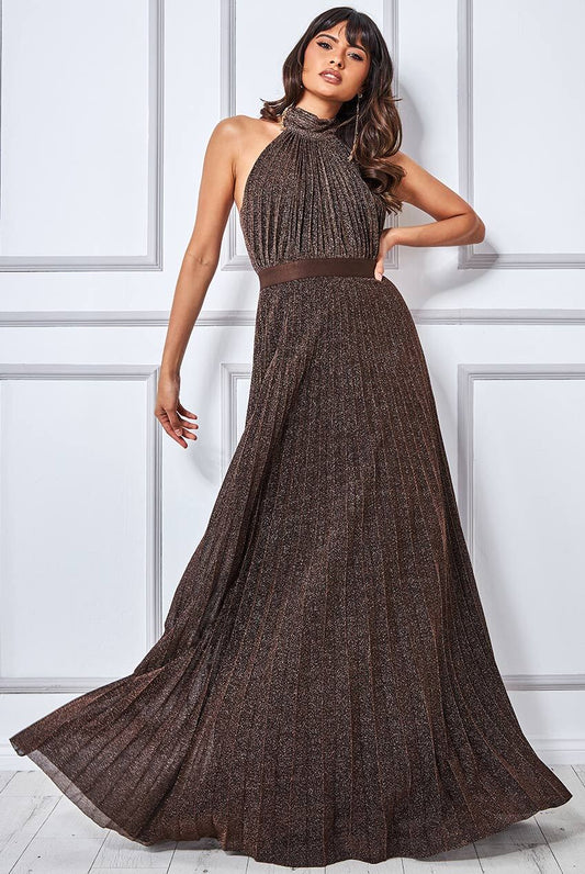 Long Pleated Lurex Dress - Bronze
