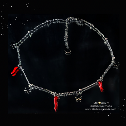Collana portafortuna con charms stelle e cornetti rossi - Rodio
