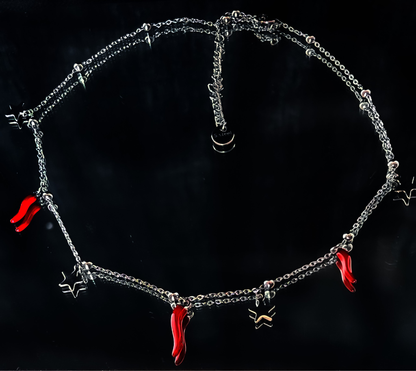 Collana portafortuna con charms stelle e cornetti rossi - Rodio