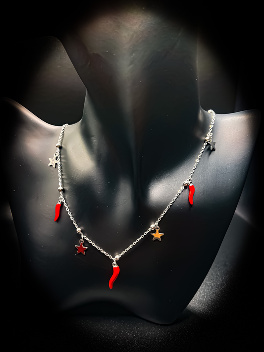 Lucky Necklace with Red Star and Horn Charms - Rhodium