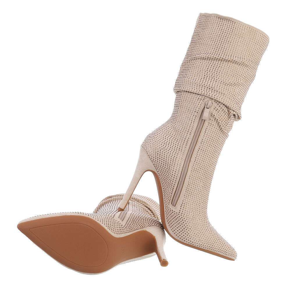 Suede and gold rhinestone ankle boots with stiletto heel - Beige