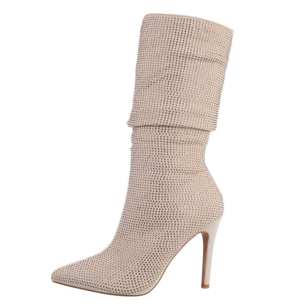 Suede and gold rhinestone ankle boots with stiletto heel - Beige