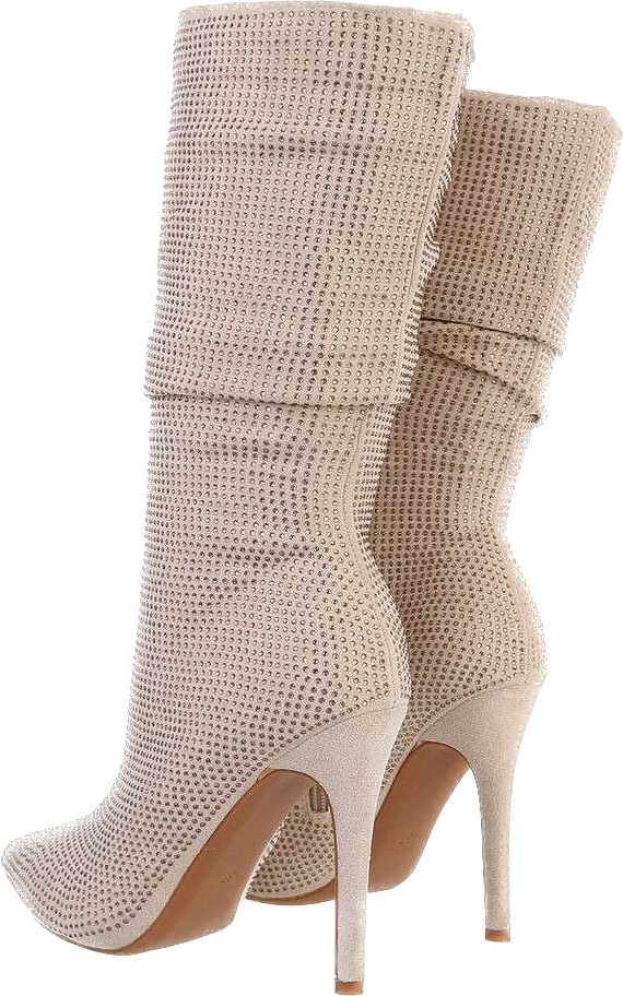 Suede and gold rhinestone ankle boots with stiletto heel - Beige