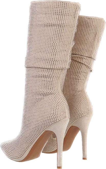 Suede and gold rhinestone ankle boots with stiletto heel - Beige