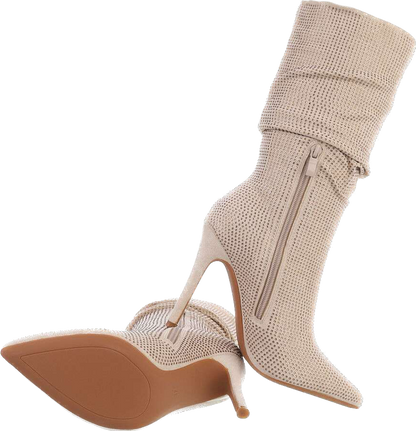 Suede and gold rhinestone ankle boots with stiletto heel - Beige