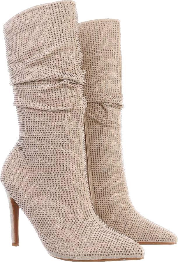 Suede and gold rhinestone ankle boots with stiletto heel - Beige