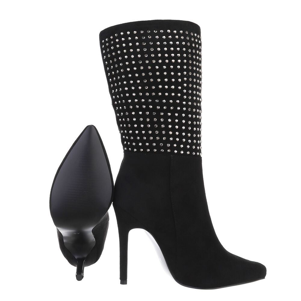 Suede Ankle Boots with Rhinestones Stiletto Heel - Black