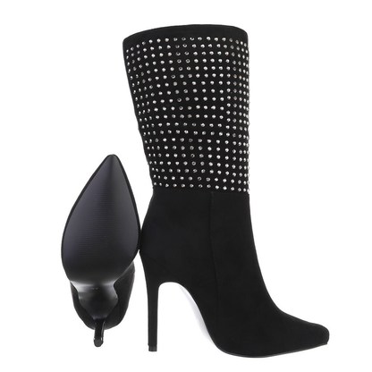 Suede Ankle Boots with Rhinestones Stiletto Heel - Black