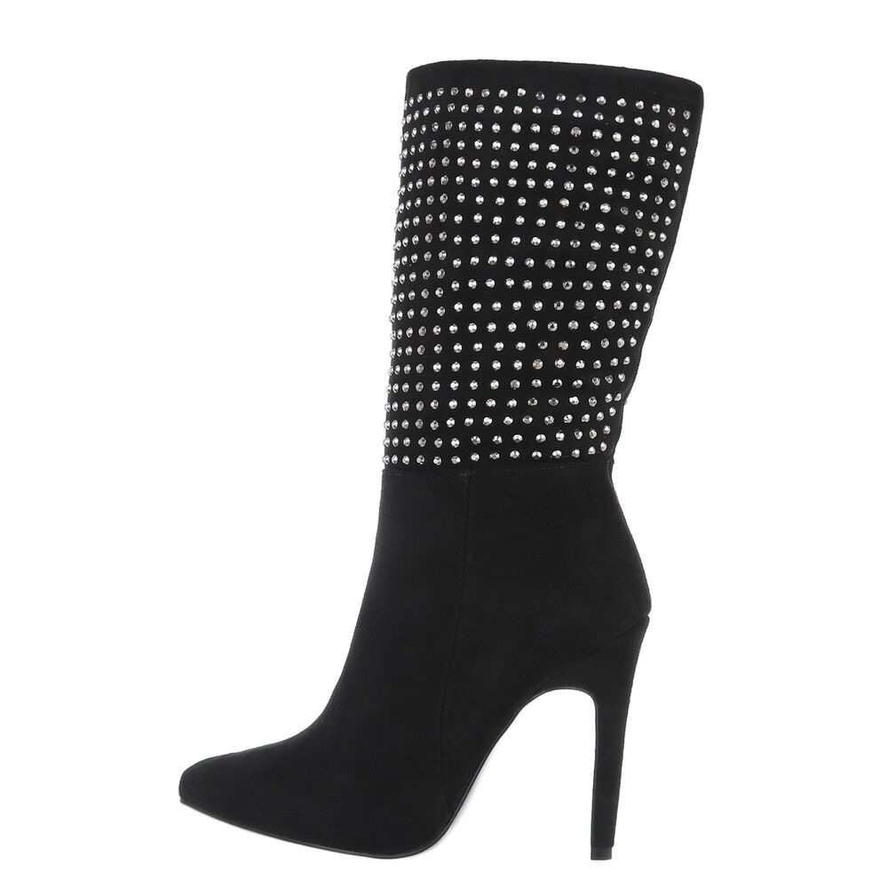 Suede Ankle Boots with Rhinestones Stiletto Heel - Black