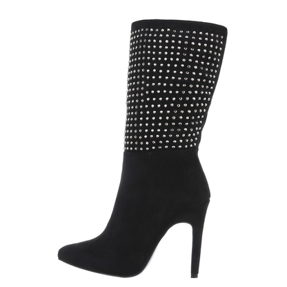 Suede Ankle Boots with Rhinestones Stiletto Heel - Black