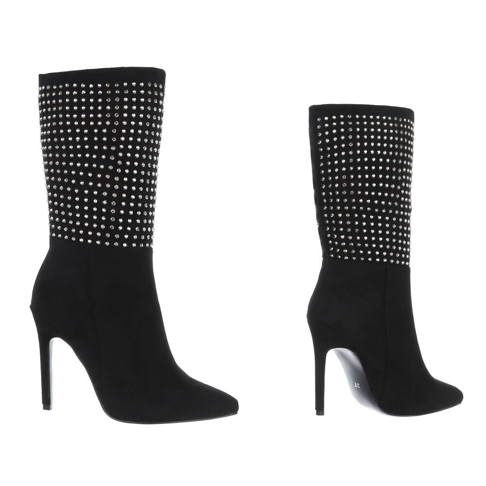 Suede Ankle Boots with Rhinestones Stiletto Heel - Black