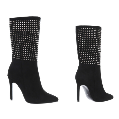 Suede Ankle Boots with Rhinestones Stiletto Heel - Black