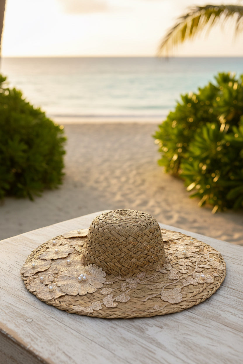 FLO BEIGE - Cappello in paglia con Fiori 3D in Pizzo Beige
