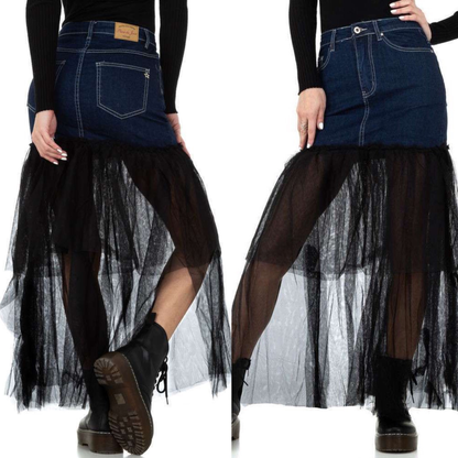 Mini skirt jeans sheer skirt denim stretch - Blue with black tulle