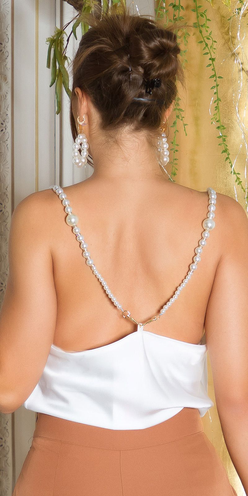 Satin Top Blouse with Pearls - White
