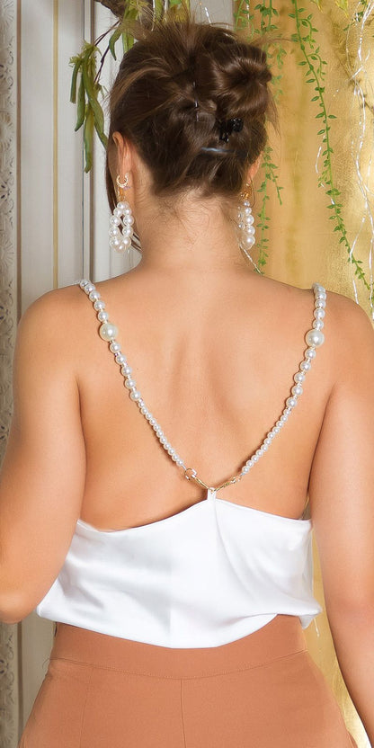 Satin Top Blouse with Pearls - White