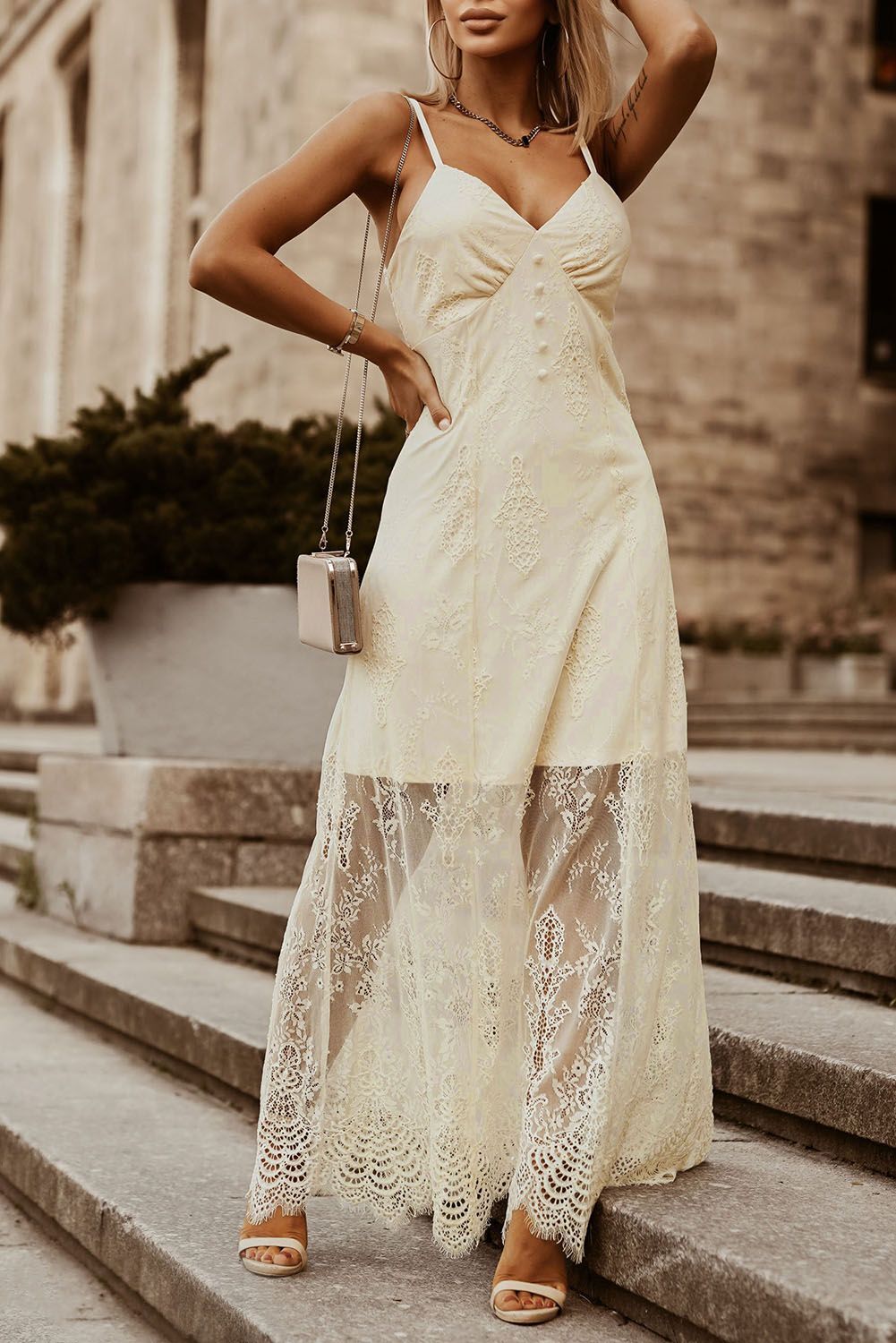 Long lined lace dress - Cream