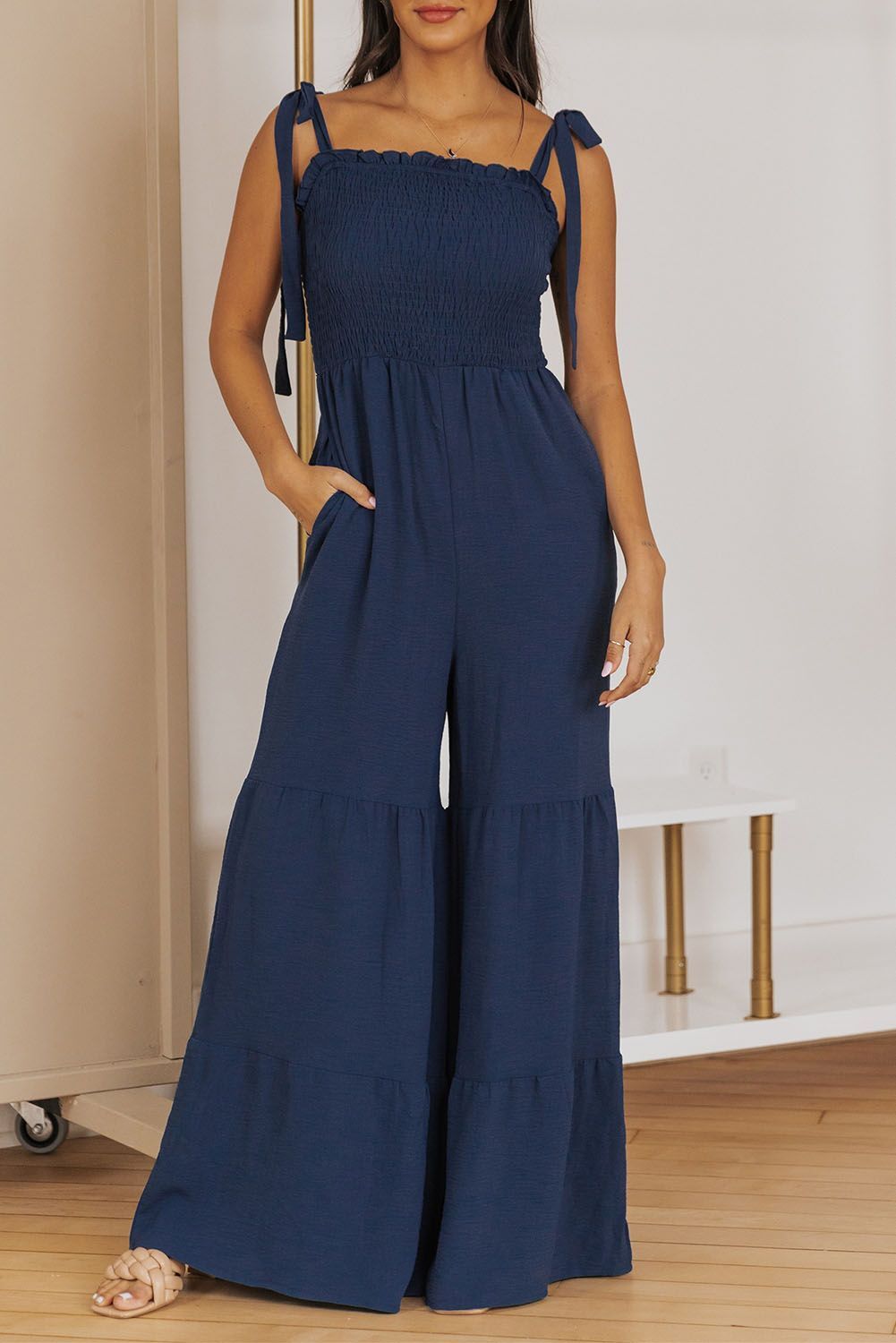 Wide Leg Ruffle Jumpsuit - Blue