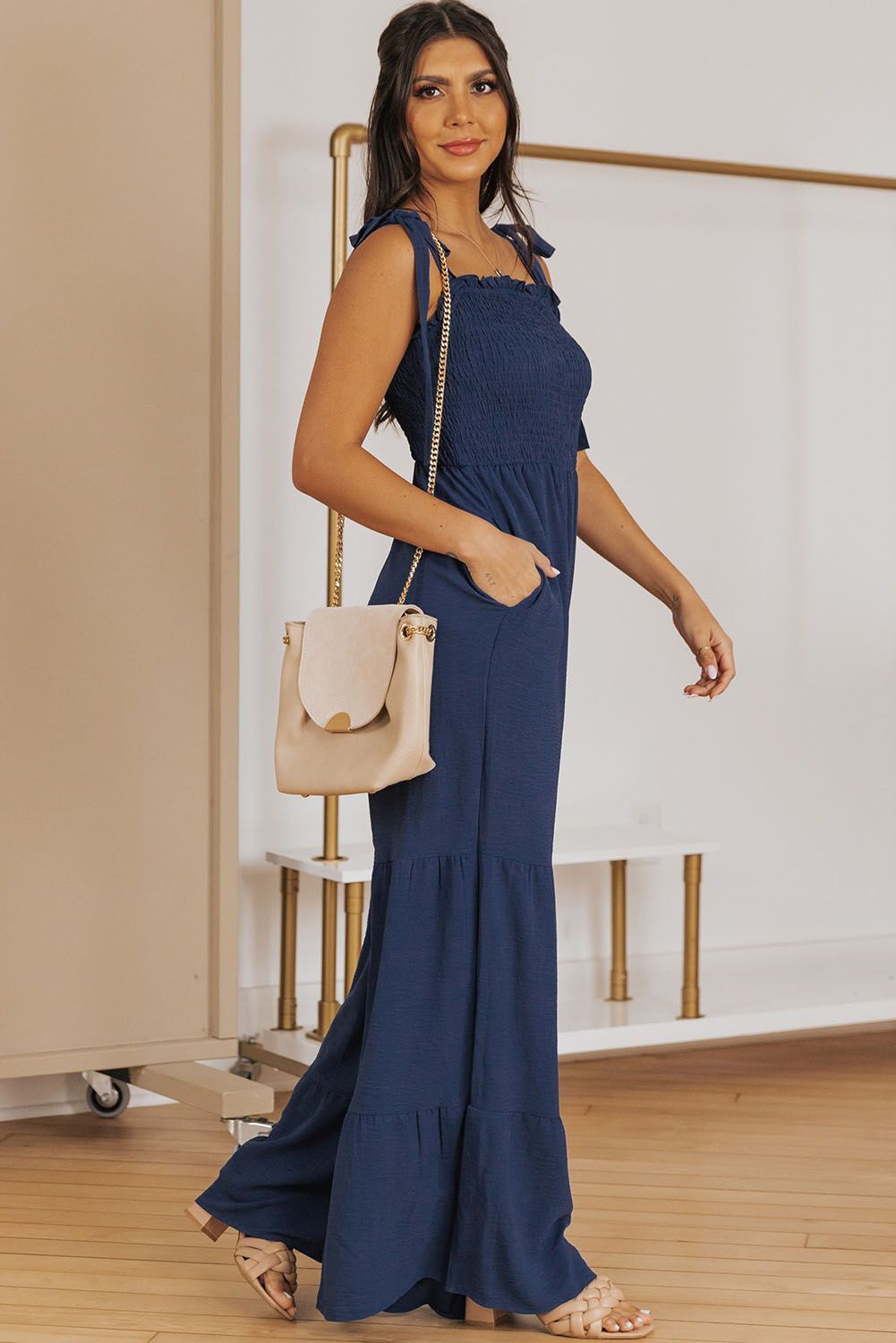 Wide Leg Ruffle Jumpsuit - Blue