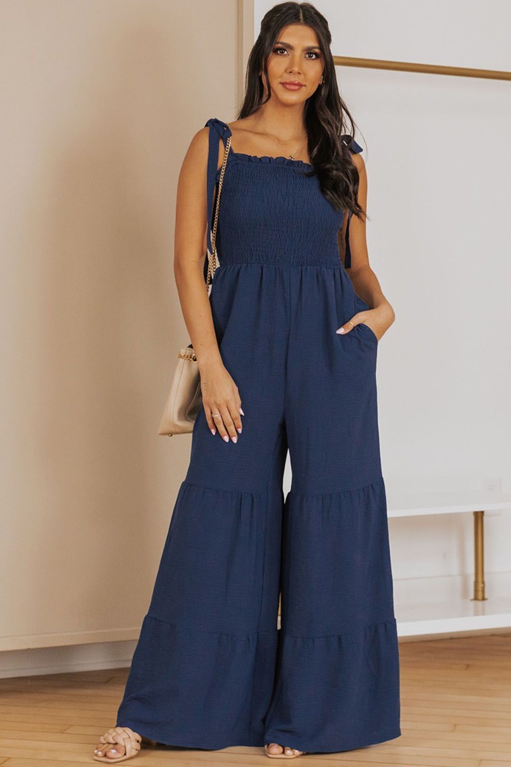 Wide Leg Ruffle Jumpsuit - Blue