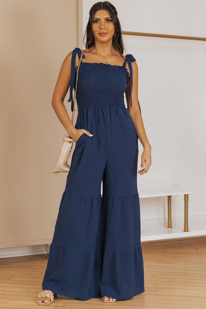Wide Leg Ruffle Jumpsuit - Blue