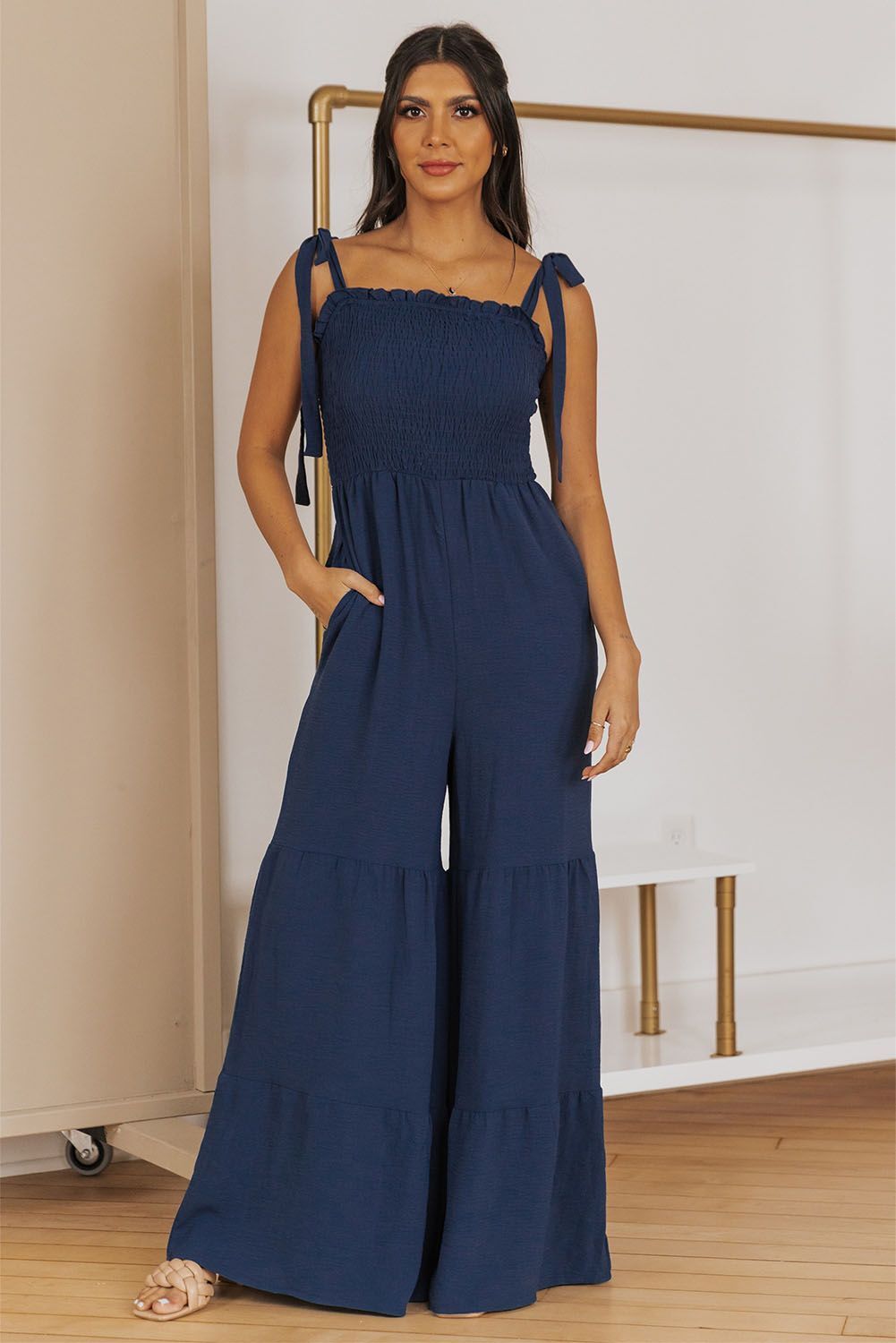 Wide Leg Ruffle Jumpsuit - Blue