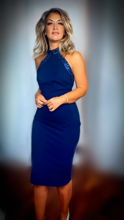 Elegant dress Decorated with stones halter neckline-blue