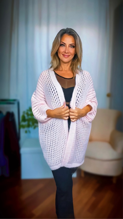 Cardigan lungo Over con Swarovsi - Rosa