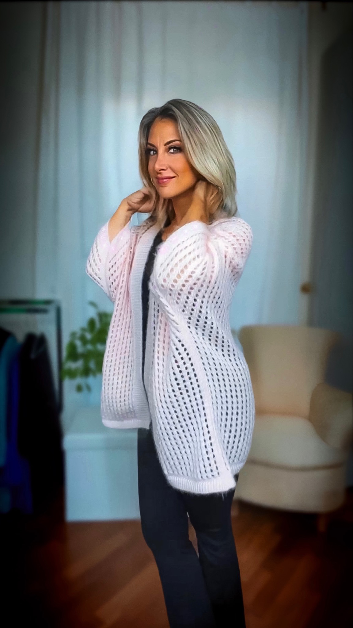 Cardigan lungo Over con Swarovsi - Rosa