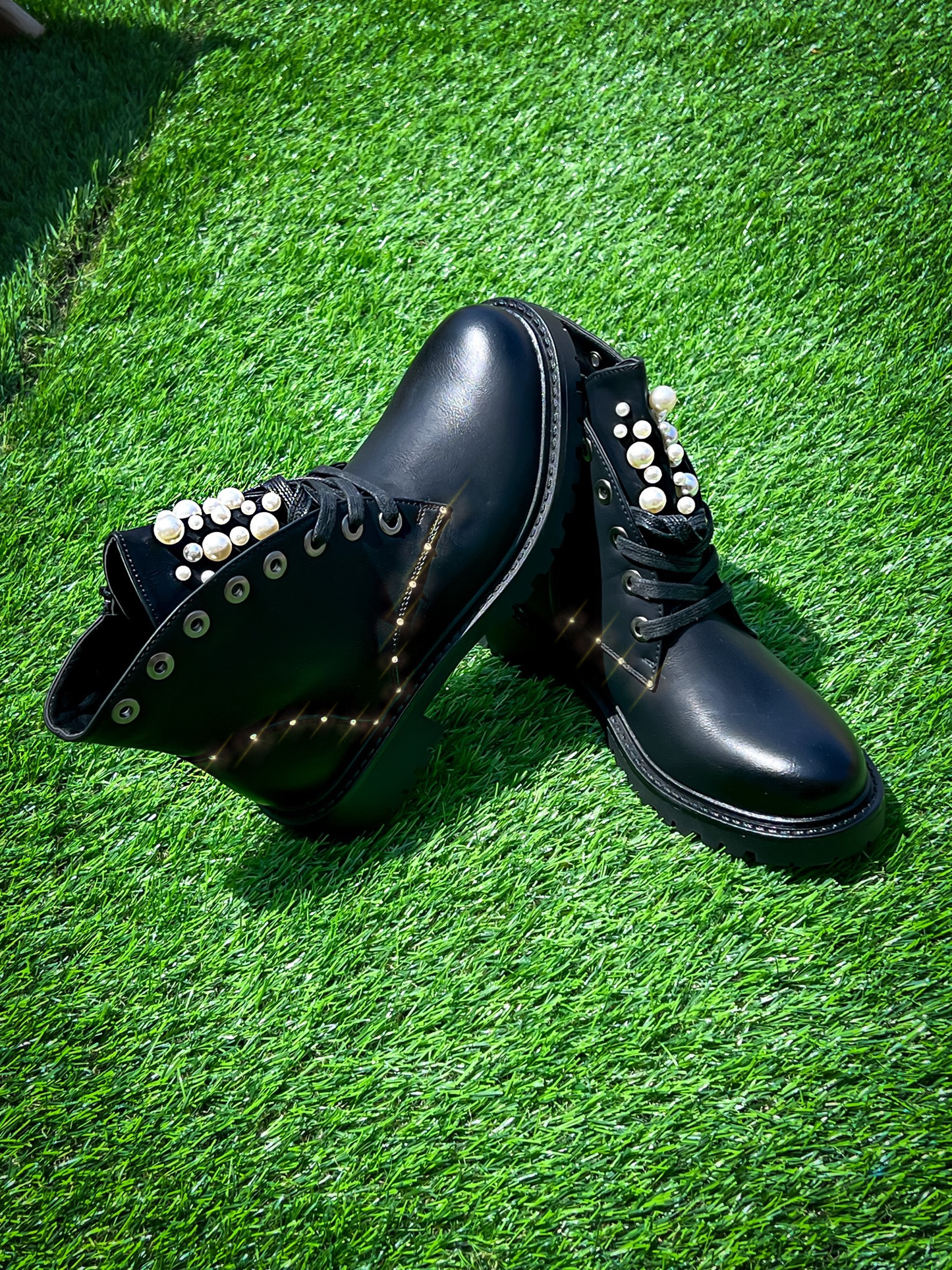 Padded ankle boots with pearls and rhinestones HandMade
