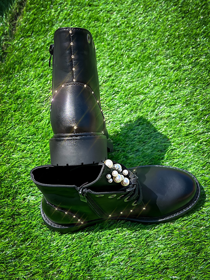 Padded ankle boots with pearls and rhinestones HandMade