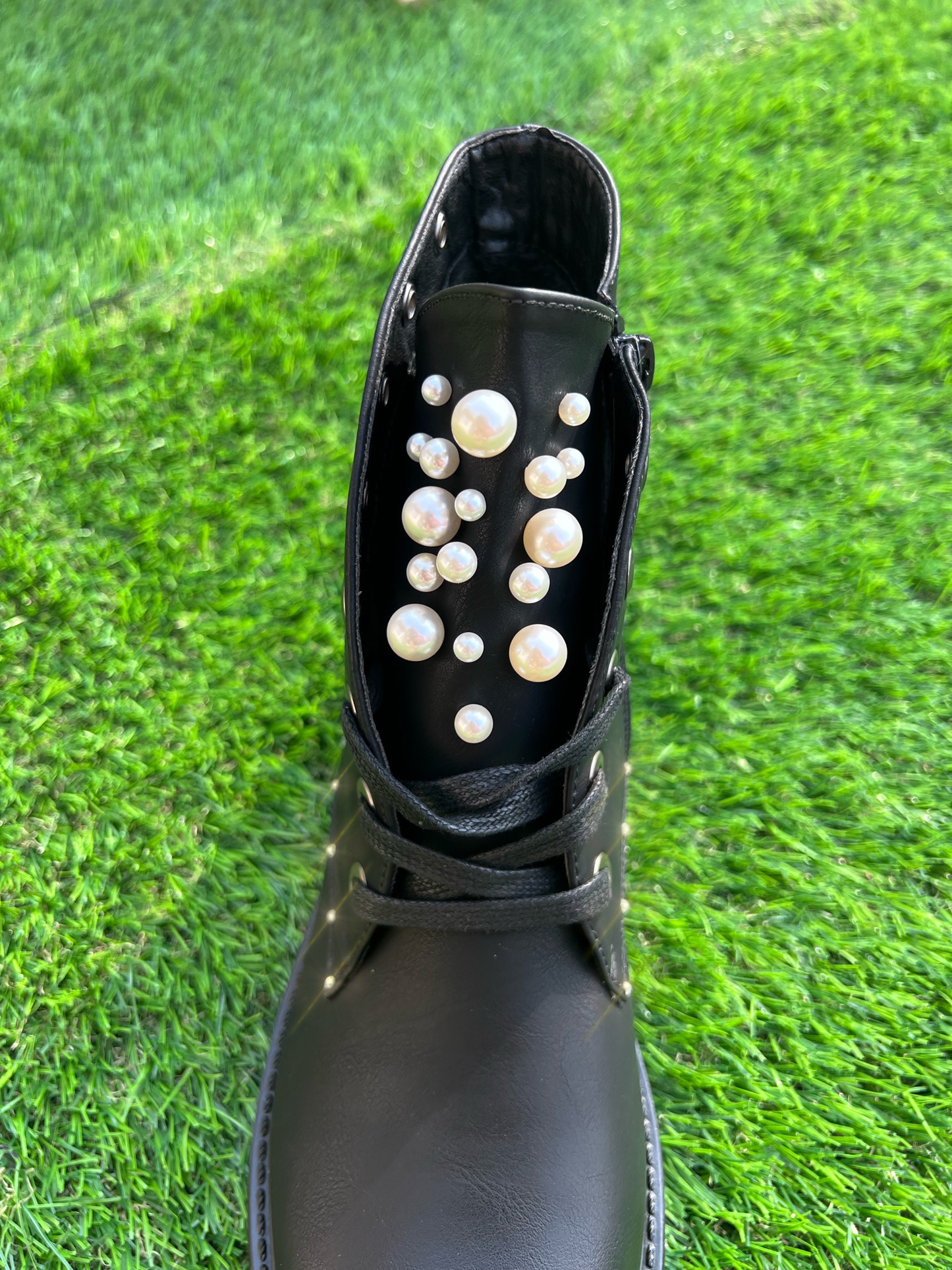 Padded ankle boots with pearls and rhinestones HandMade