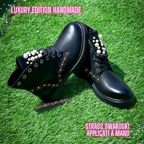 Padded ankle boots with pearls and rhinestones HandMade